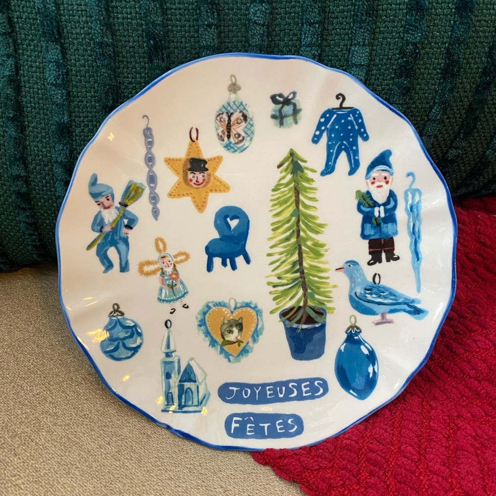 Anthropologie Christmas Plate Joyeuses Fetes Blue Ornaments Nathalie Lete